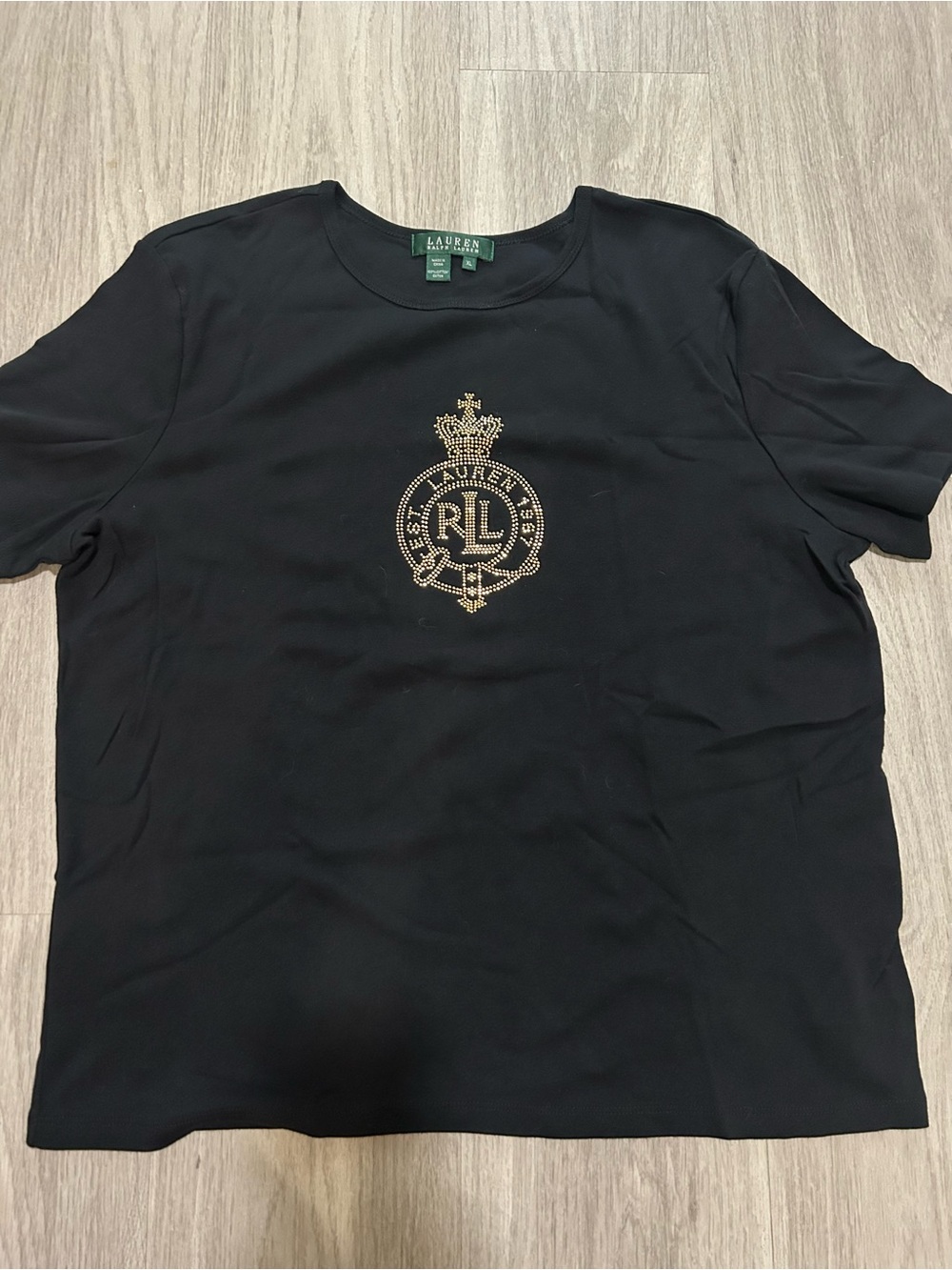 Ralph Lauren Black Rhinestone Crest 100% cotton T-Shirt Short Sleeve Top XL NWOT